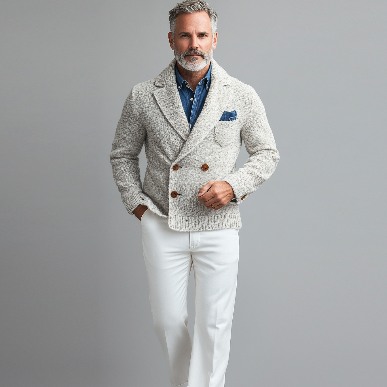 Men's Business Lapel Collar Double Breasted Chest Pocket Knit Jacket