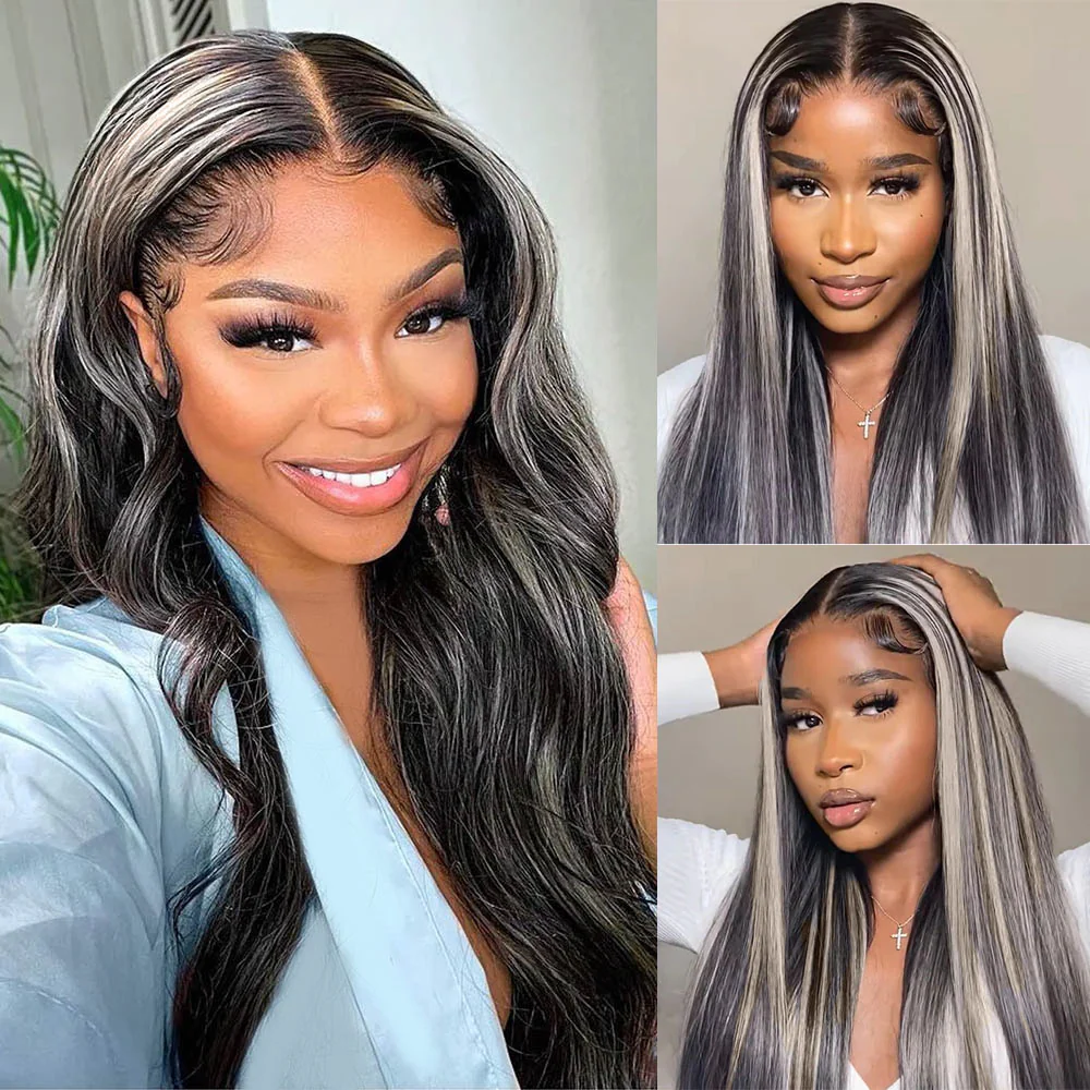 Megalook Blonde Highlights On Black 13x4 Lace Front Wigs Human Hair Body Wave/Straight Wig With Platinum Blonde Highlights