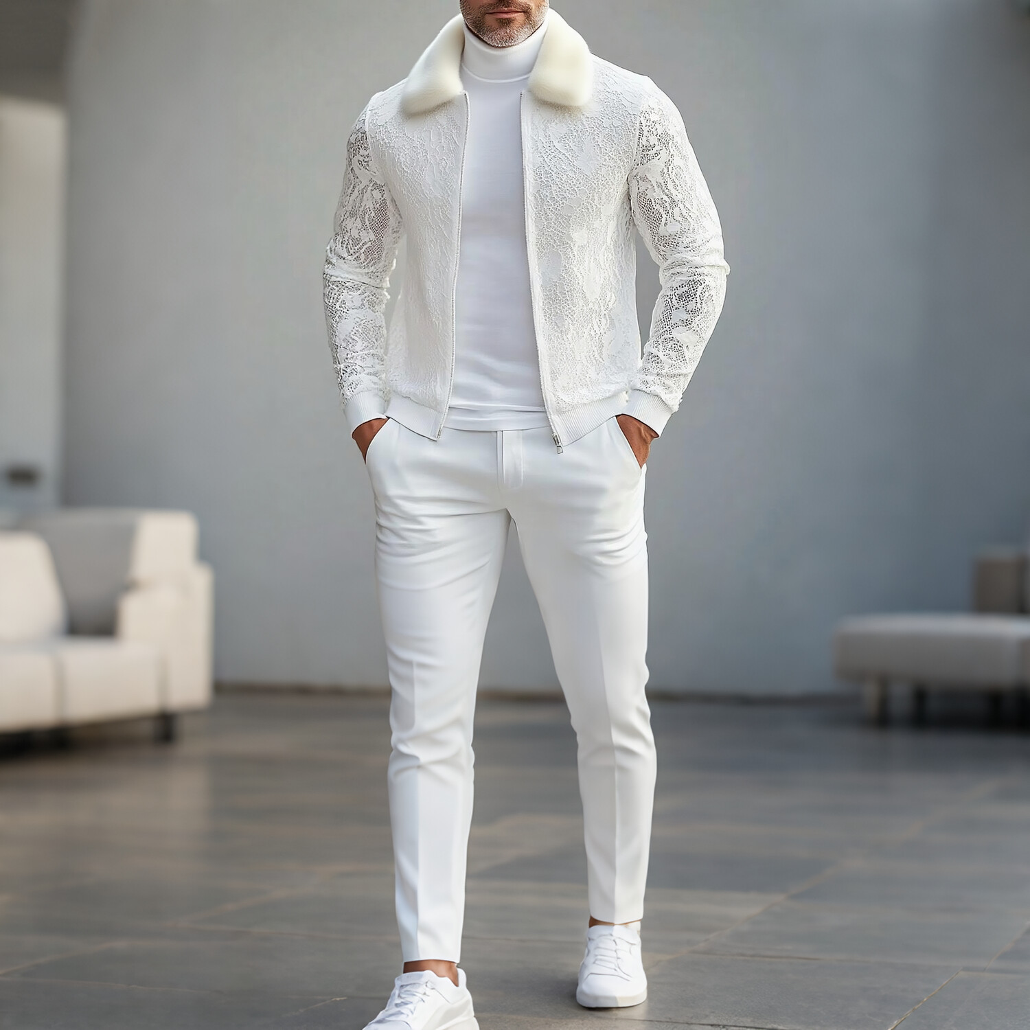 Men's Furry Turndown Collar Lace Long Sleeve Zip Up Jacket