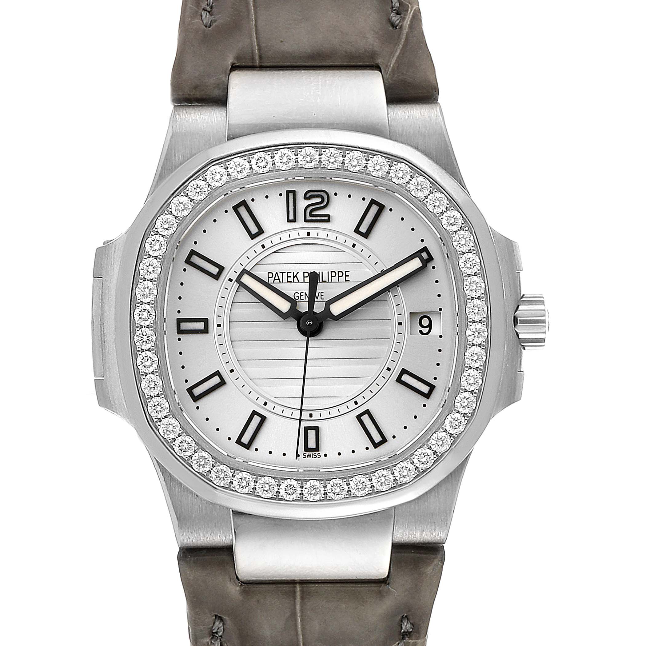 Patek Philippe Nautilus White Gold Diamond Grey Strap Ladies Watch 7010
