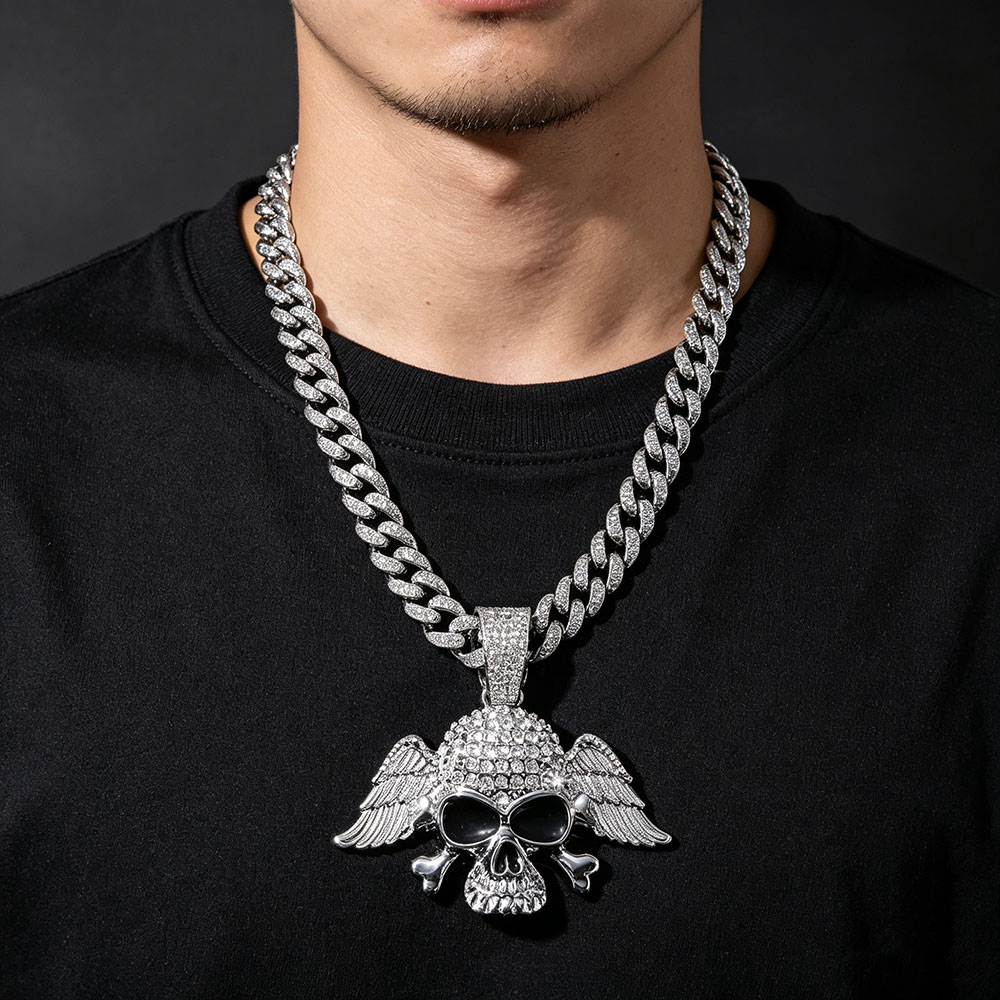 GemVibra Winged Skull Cuban Link Iced Out Pendant Necklace