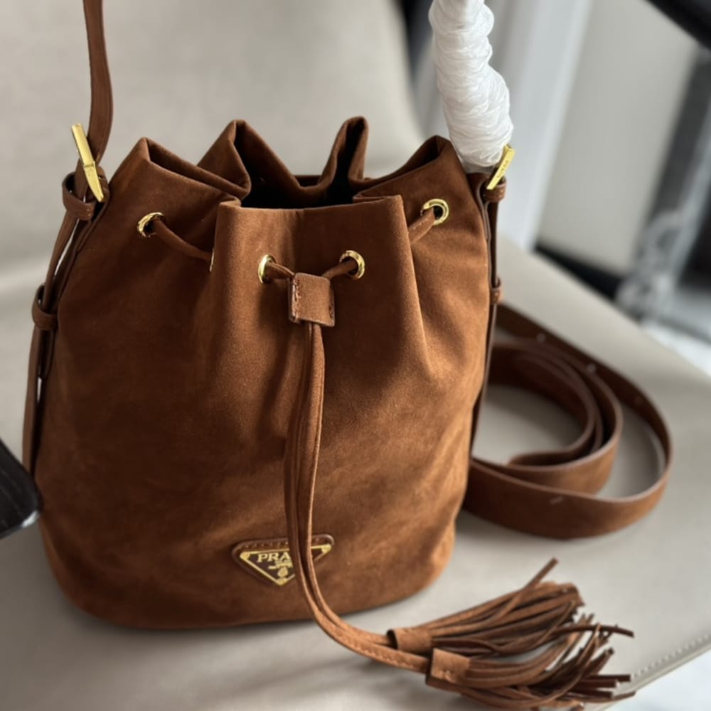 Prada Small Suede Bucket Bag In Brown 20Cm