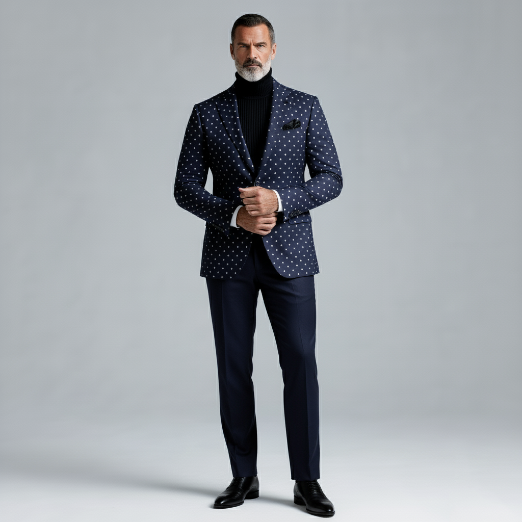 Men's Retro Navy Blue Polka Dot Lapel Button Long Sleeve Blazer & Suit Pants 2Pcs Set