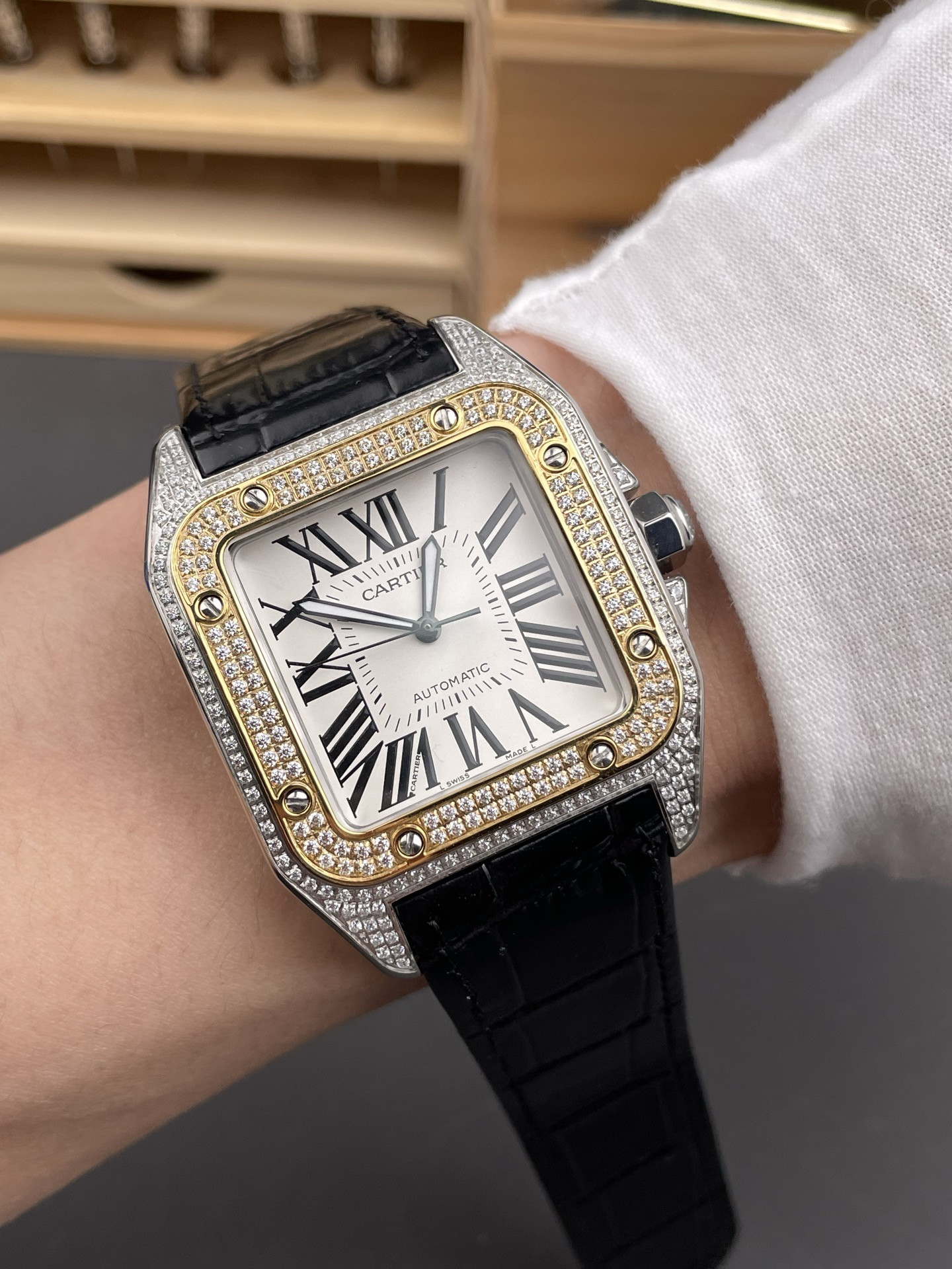 Santos Two-Tone Full Diamond White Dial