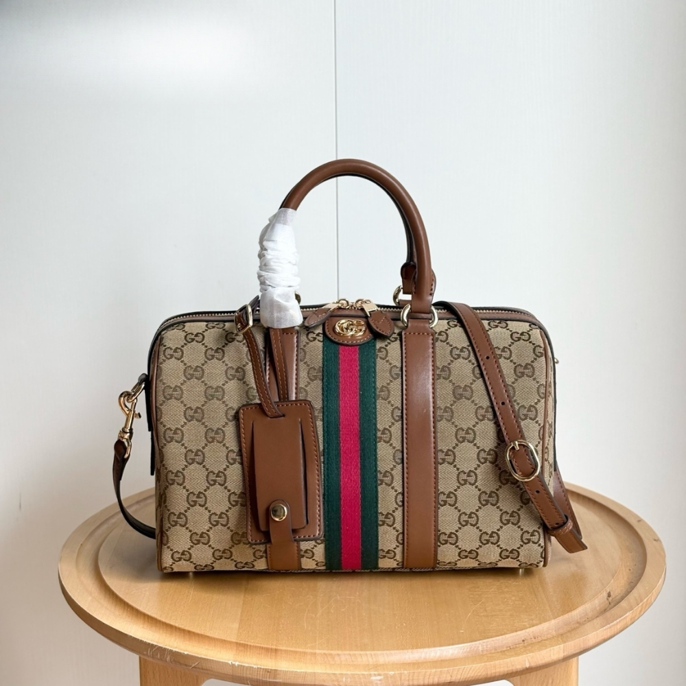 Gucci Ophidia Medium Boston Bag Beige And Brown GG Canvas 30Cm ‎857595 FAFUF 9870