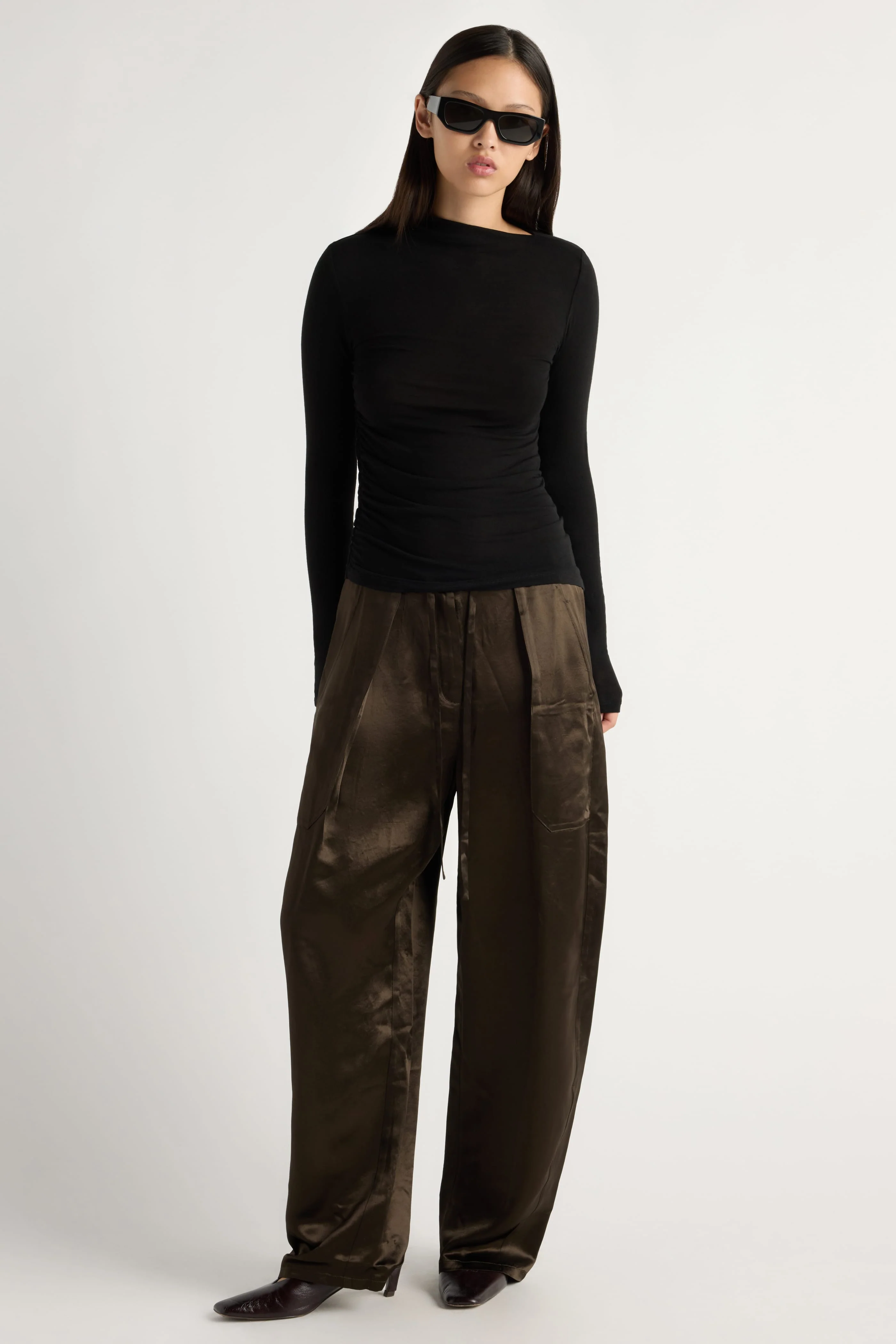 Indira Satin Drawstring Barrel-Leg Pant