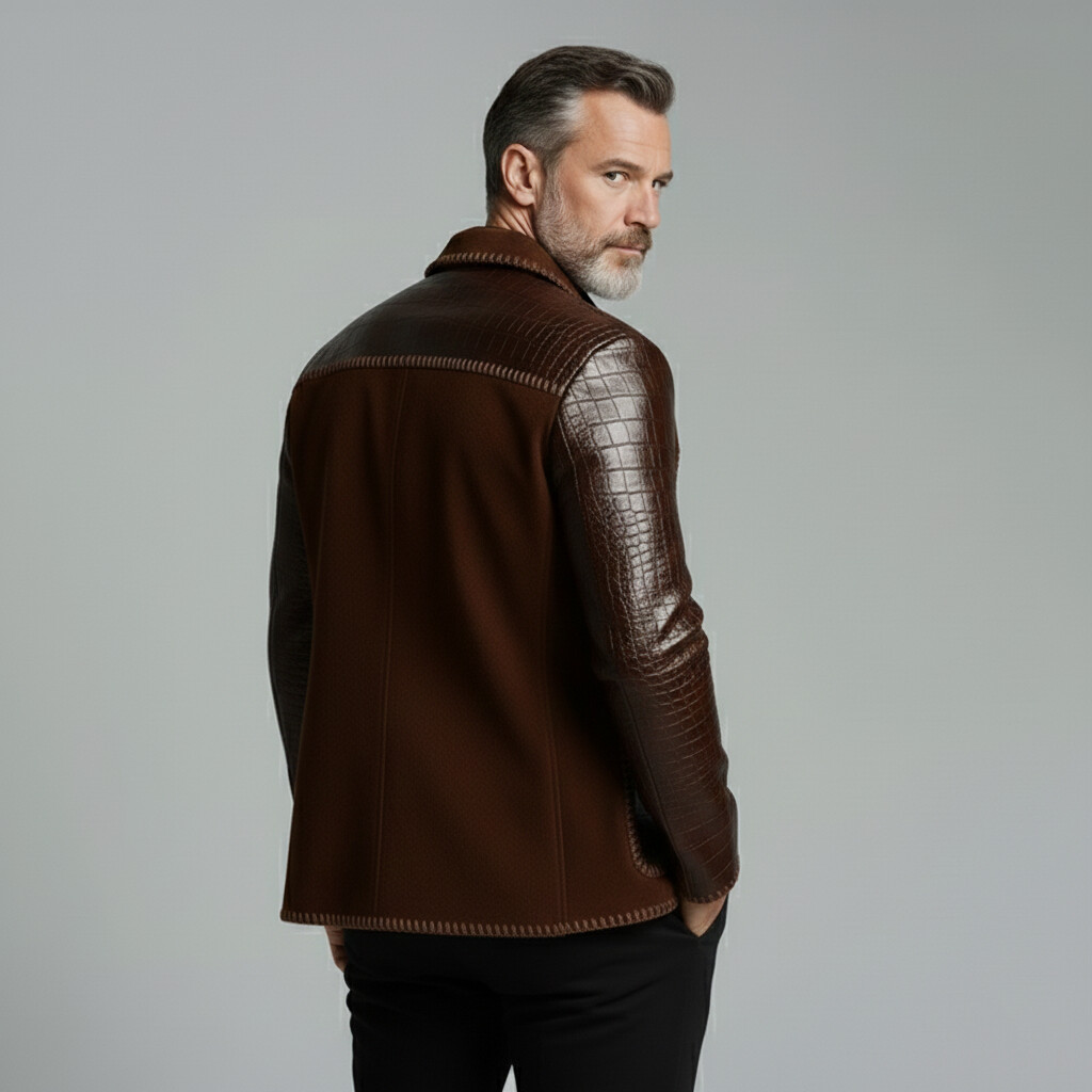 Men's Brown Crocodile PU Suede Patchwork Contrast Stitched Pockets Turndown Collar Single Breasted Jackets