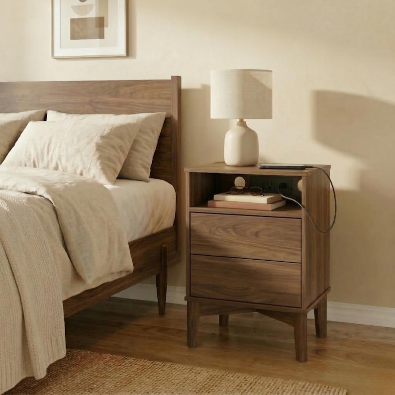 Walnut Nightstand with Charging Station