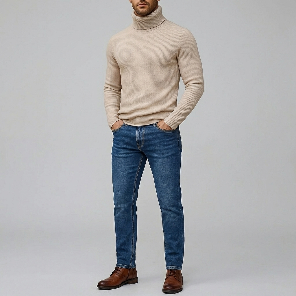 Men's Casual Solid High Collar Long Sleeve Slim Fit Knit Sweaters
