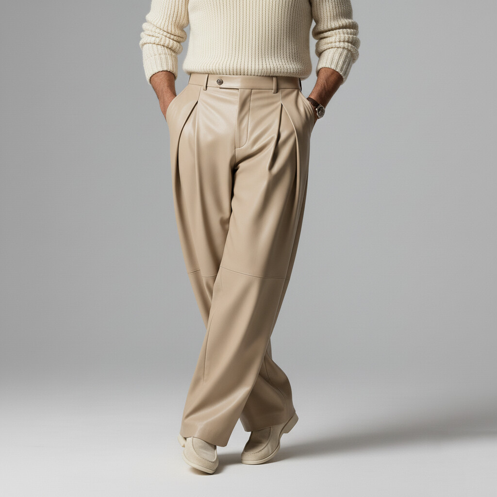 Men's Casual Beige PU Leather Slant Pocket Pleated Wide Leg Pants