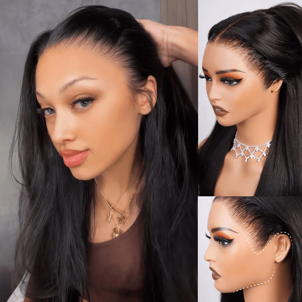 Megalook 13x6 Three-Go™ Glueless Wig Straight With Drawstring Natural Black 100% Human Hair Wig
