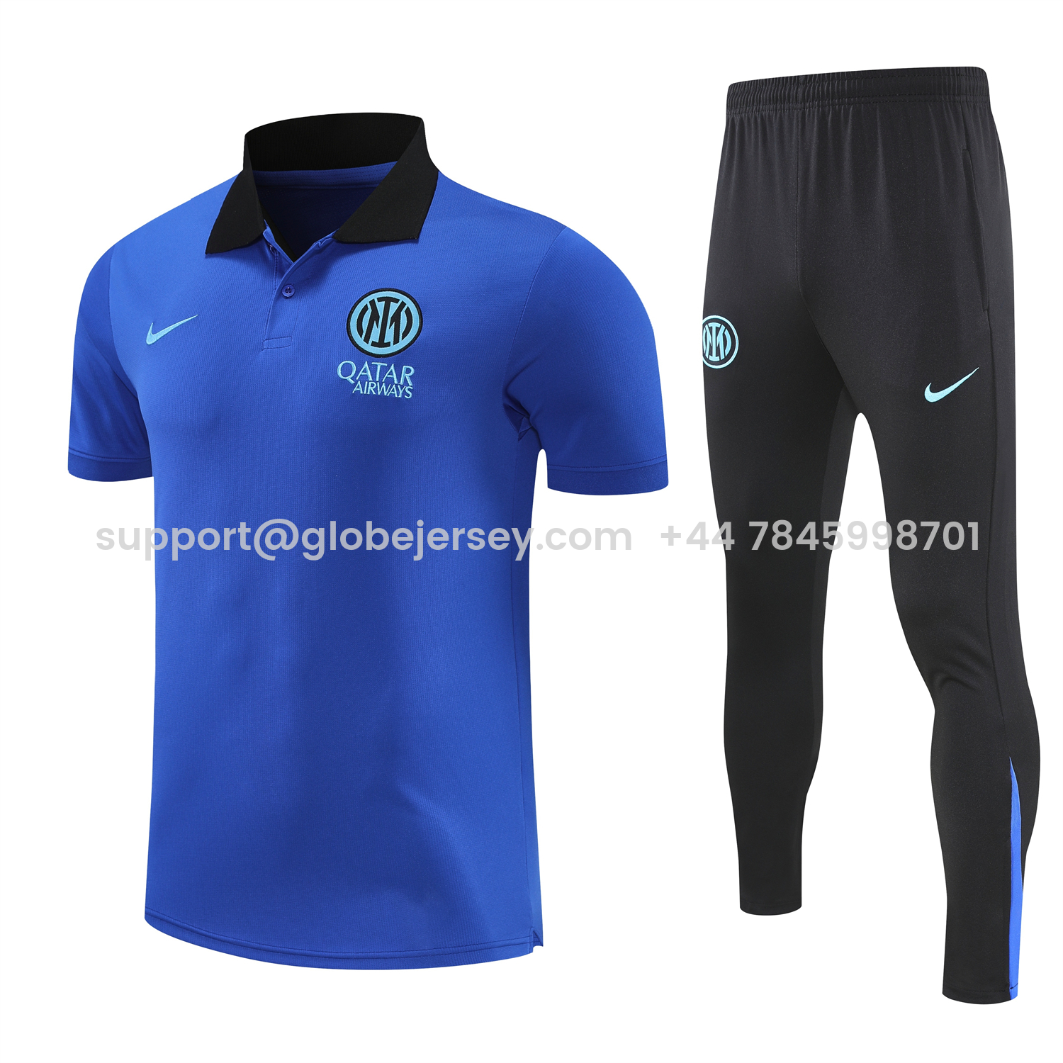 Inter Milan 25-26 POLO Short-Sleeve Training Set - Ocean Blue Top and Black Pants
