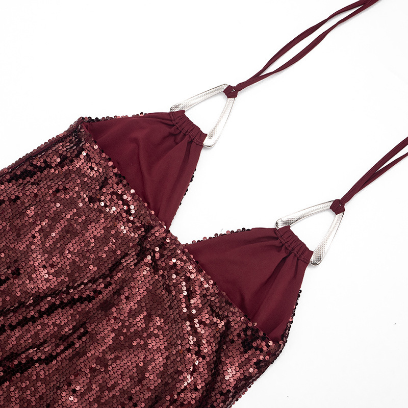 Women Spring Sexy V-Neck Sequined Hardware Buckle Neck Dress