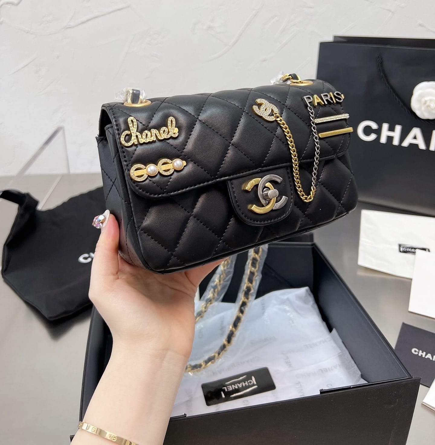 Chanel Quilted Mini Coco Clips Flap Gold And Ruthenium Hardware Black 20Cm