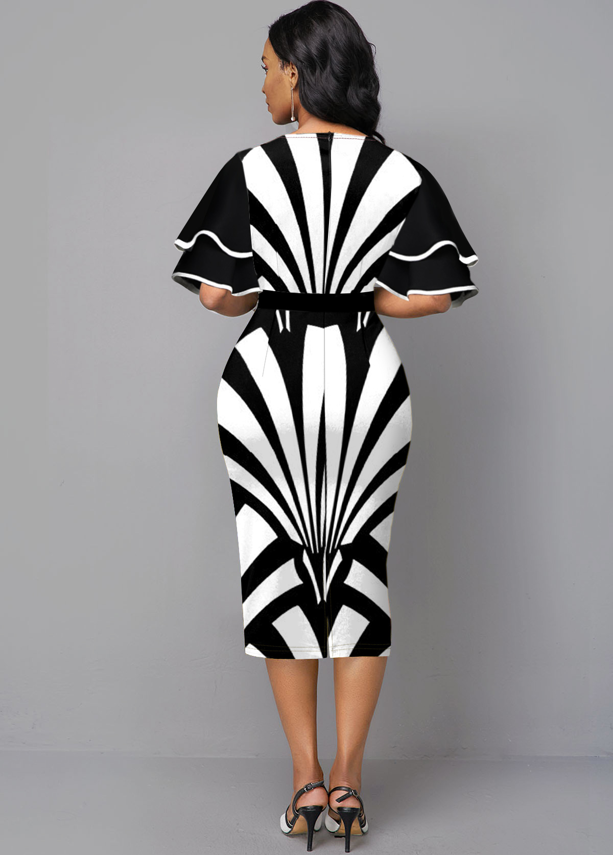 Ruffle Sleeve Stripe Print Contrast Sheath Dress