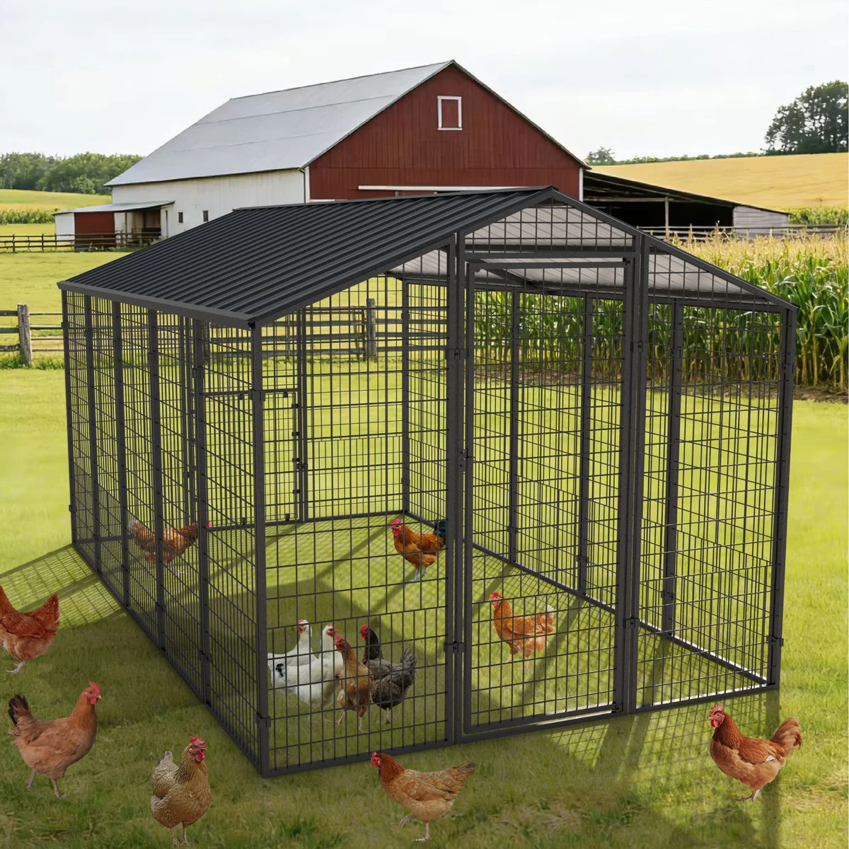 10.5 ft. x 6.2 ft. Large Metal Chicken Coop with Run for 15-Chickens, Galvanized Metal Roof Poultry Fencing Chicken Pen