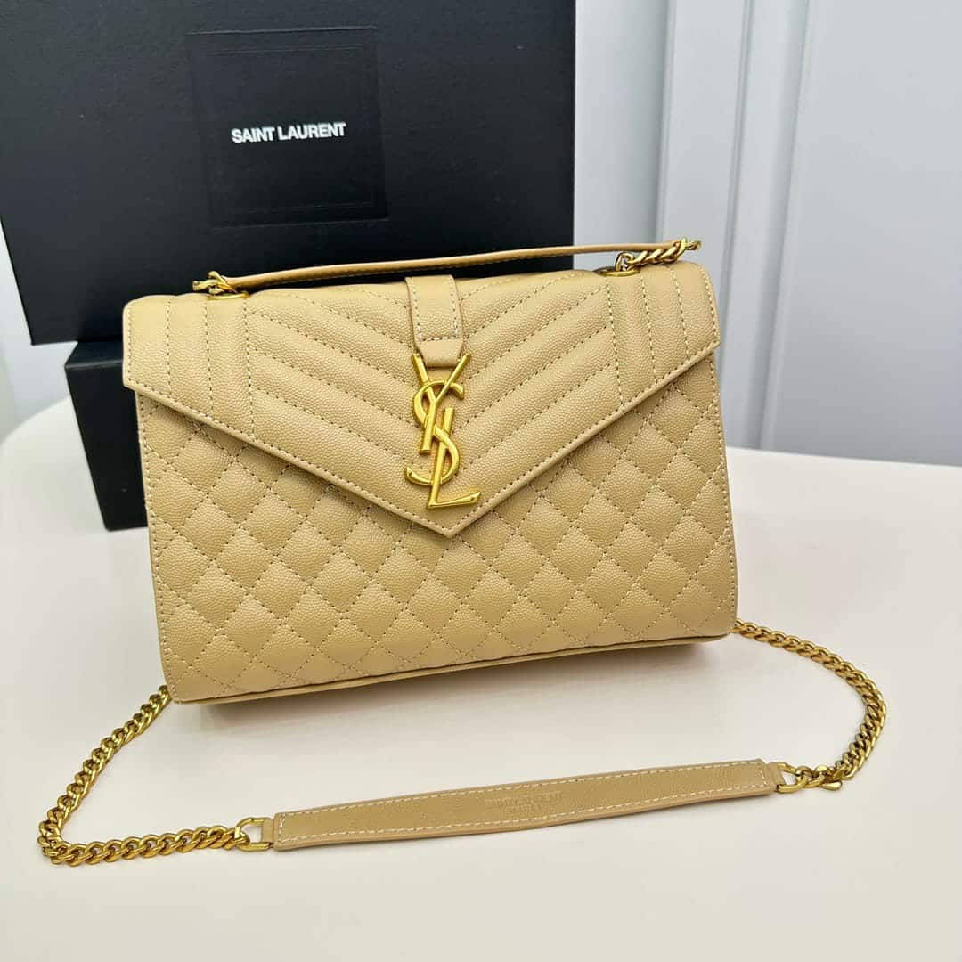 Saint Laurent Envelope Medium In Quilted Grain De Poudre Embossed Leather Bag Beige 24Cm 600185BOW912721