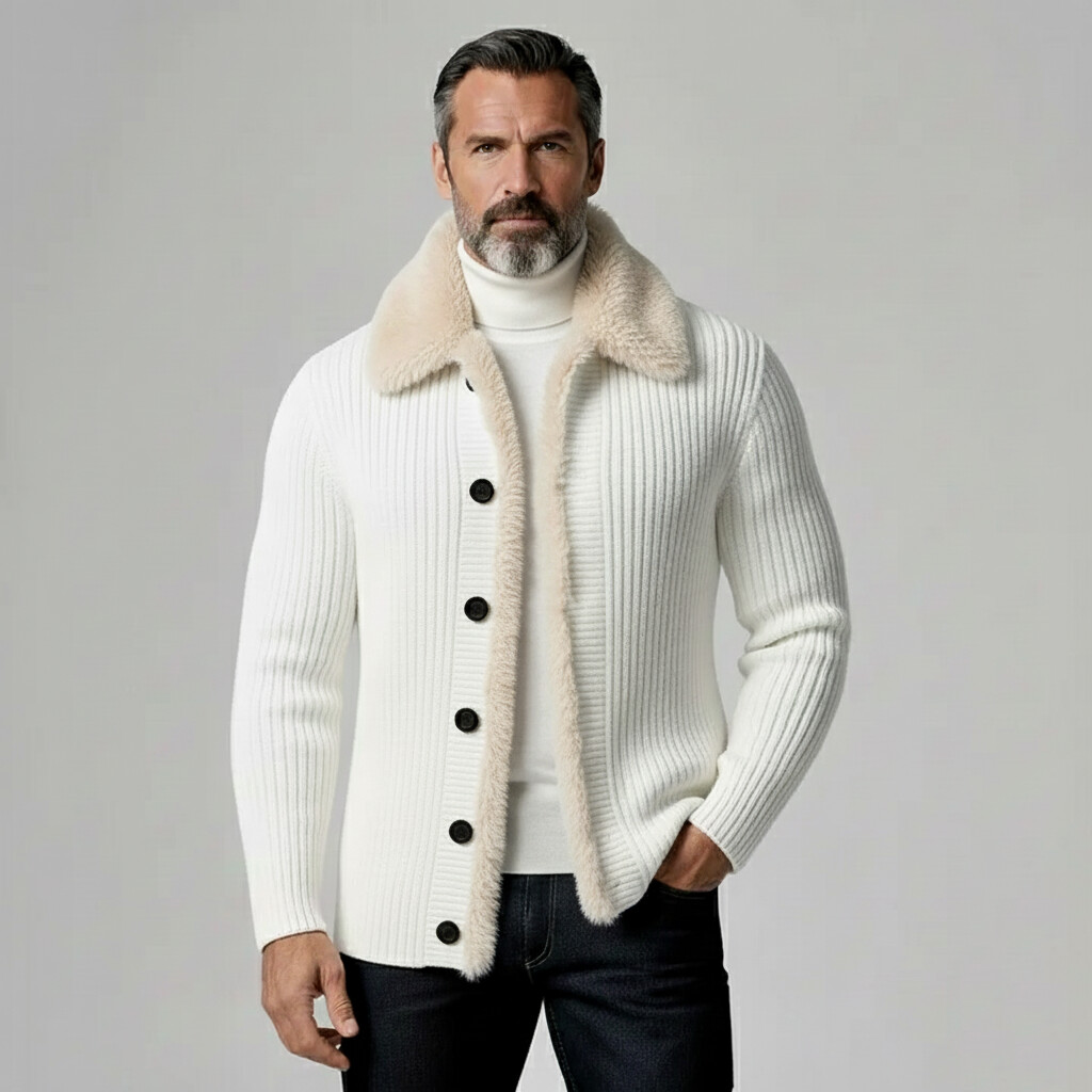 Men's White Plush Trim Turndown Collar Long Sleeve Button Ribbed Knit Cardigan