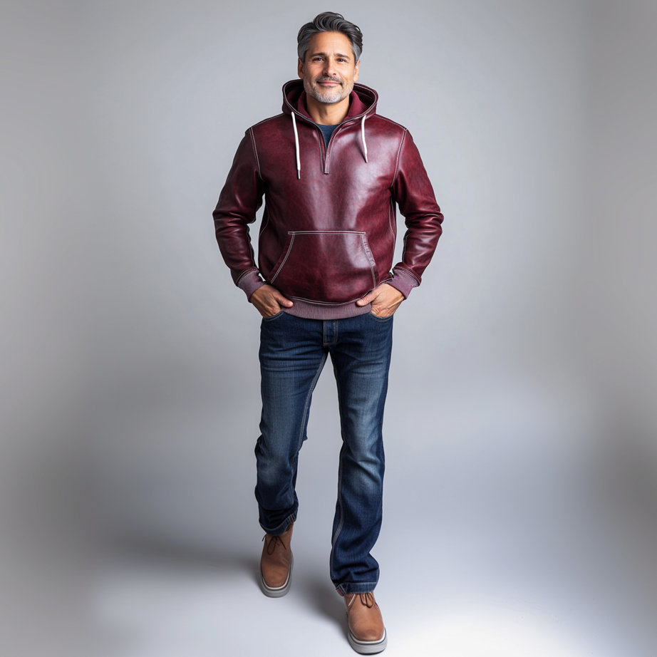 Men's Casual PU Leather Pocket Drawstring Split Neck Hoodie