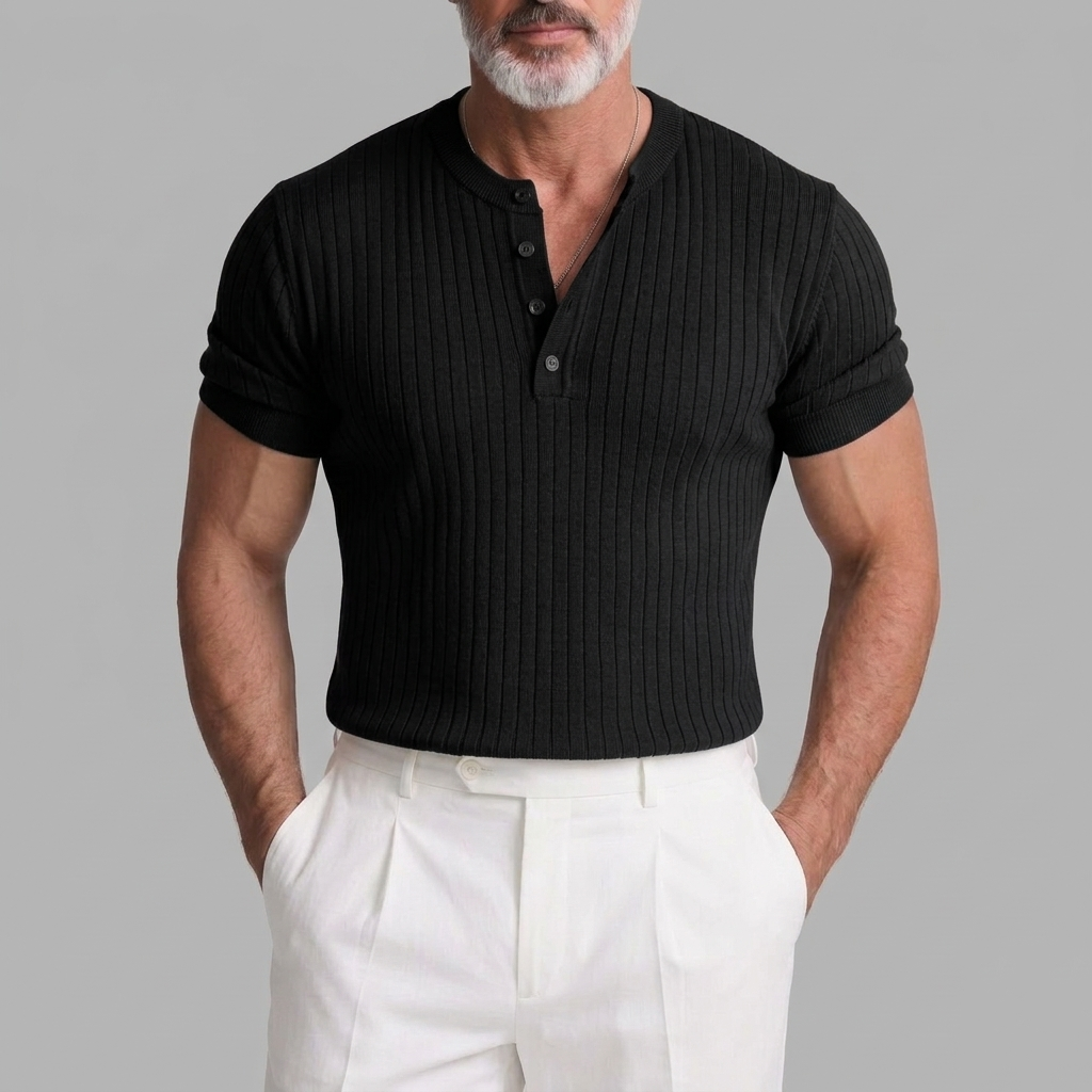 Men's Business Casual Solid Color Pit Striped Short Sleeve Henley Shirt