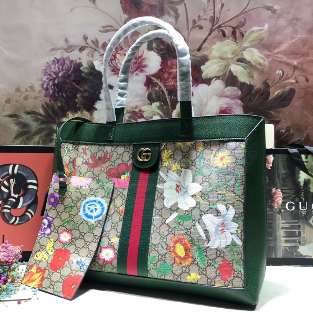Gucci Ophidia GG Flora Medium Tote Bag Dark Green 44Cm 547947 HWHAE 8709