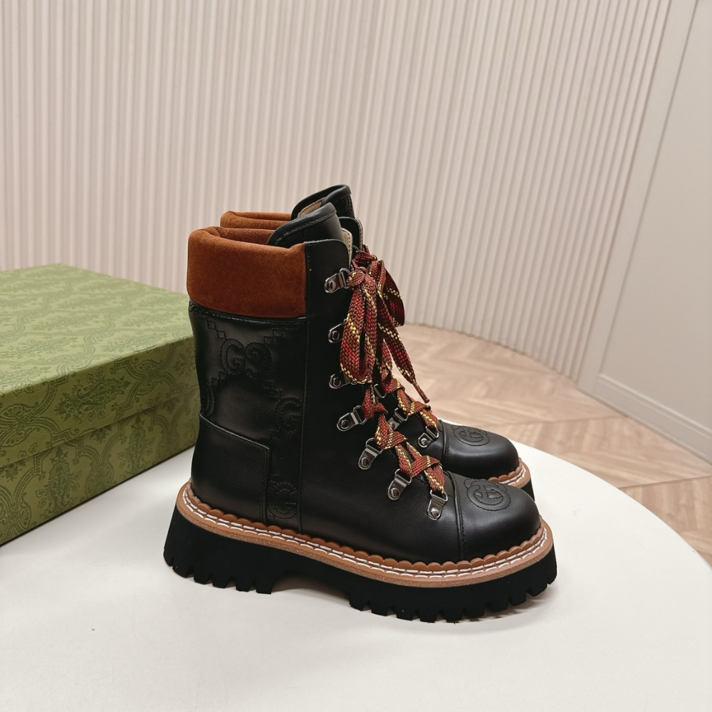 Gucci Women Lace Up Ankle Boot Black And Tan 758284 Aacm1 1046