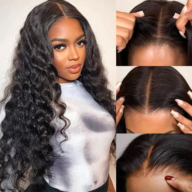 Megalook 6x5 Invisible Knots Glueless Loose Deep Wave Wigs Pre-cut Lace Natural Black Breathable Cap