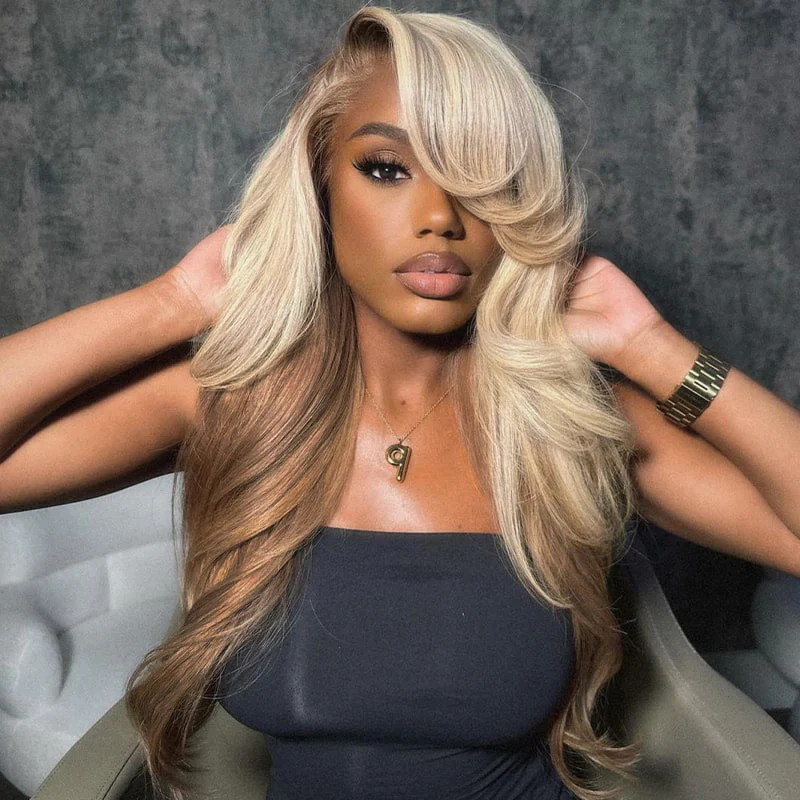 Megalook 13x6 Three-Go™ Champagne and Brown Ombre Colored 6x5 Pre-All Glueless Loose Body Wave Wigs