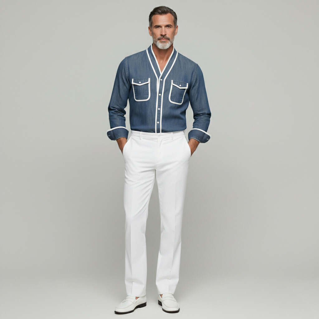 Men's Flap Pockets Contrast Binding V Neck Single Breasted Long Sleeve Shirt