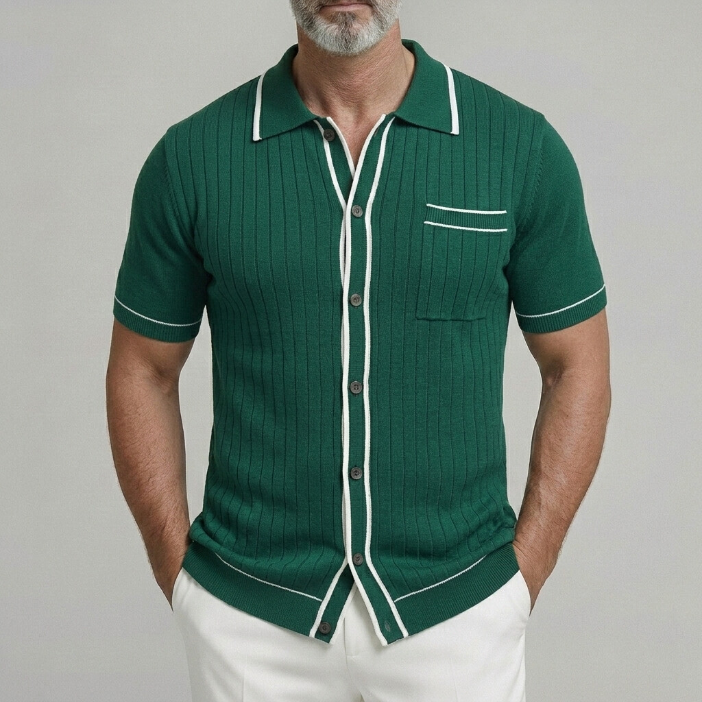 Men's Minimalist Contrast Trim Chest Pocket Short Sleeve Ribbed Knit Shirt