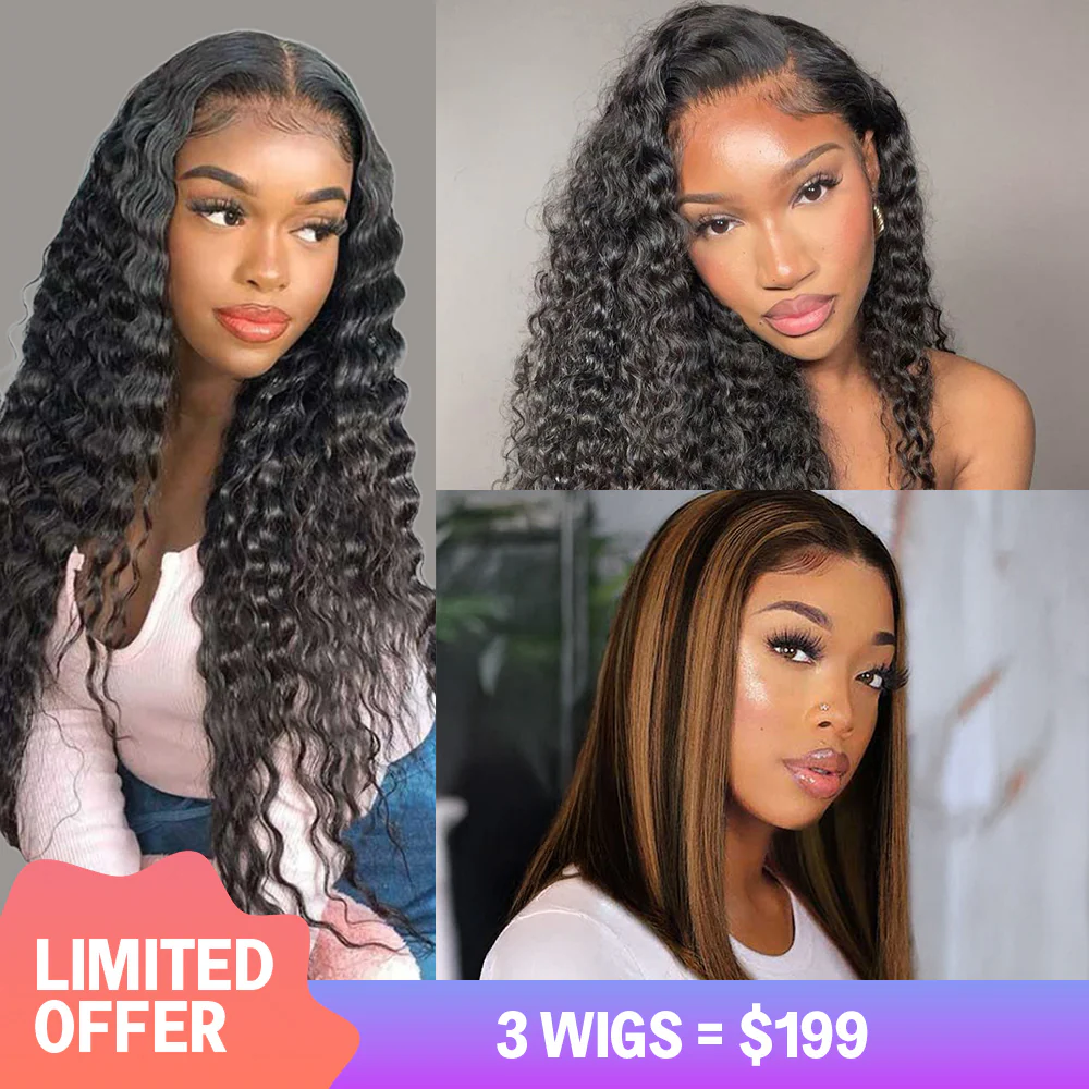$199=3 Wigs | 18inch 4x4 Lace Closure Deep Wave Wig + 12inch 4x4 Lace Bob Wig 1BP30 Color + 18inch  5x5 Lace Deep Wave Wig