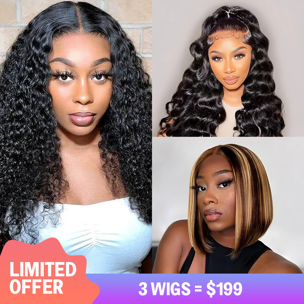 $199=3 Wigs | 18inch 4x4 Lace Wig Curly + 16inch Pre-Cut Glueless 5x6 Lace Closure Loose Body + 10inch 13x4 Lace Balayage Highlight Straight Bob Wig