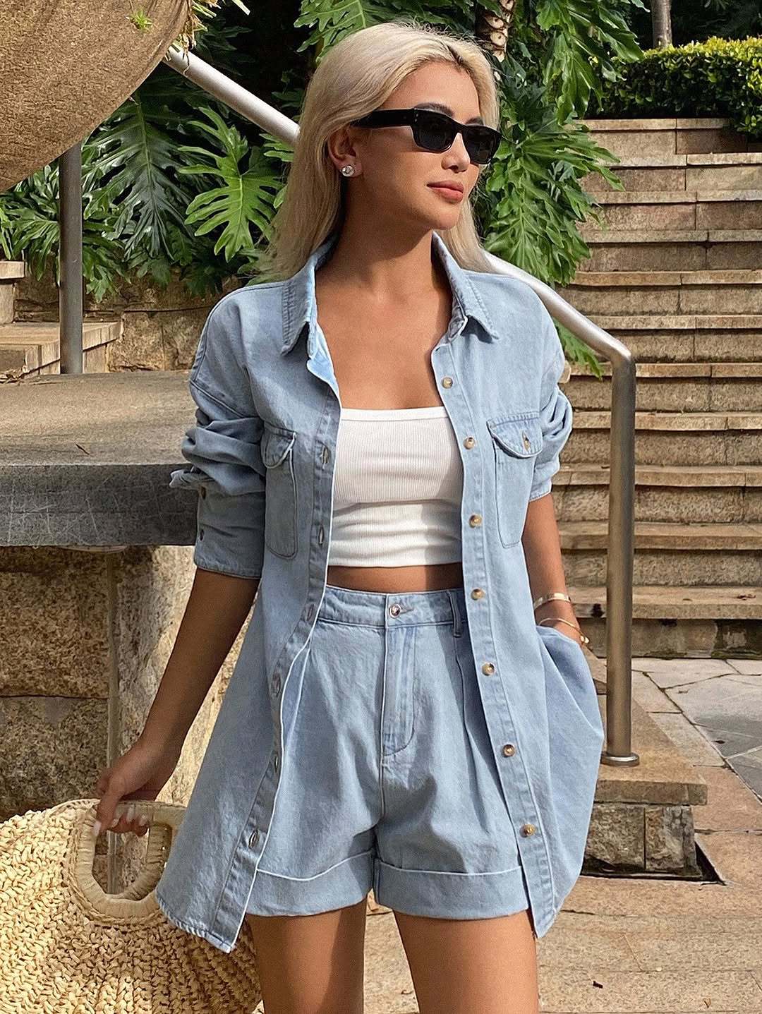 Women spring summer turndown collar denim shirt and rolled-up shorts two-piece set