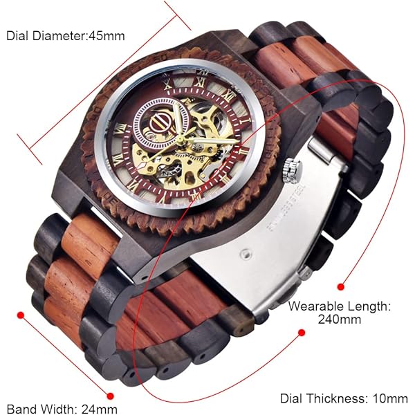 Men's Wooden Watch Triangle Skeleton Automatic Watch Mechanical Wood Watches for Men red&black