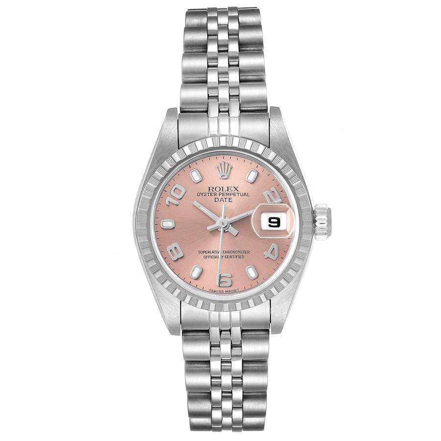 Rolex Date Salmon Dial Engine Turned Bezel Steel Ladies Watch 79240