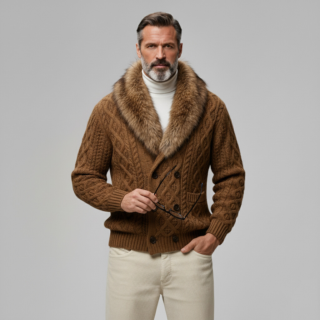 Men's Brown Fur Collar Double Breasted Long Sleeve Patch Pocket Cable Knit Sweater Cardigan
