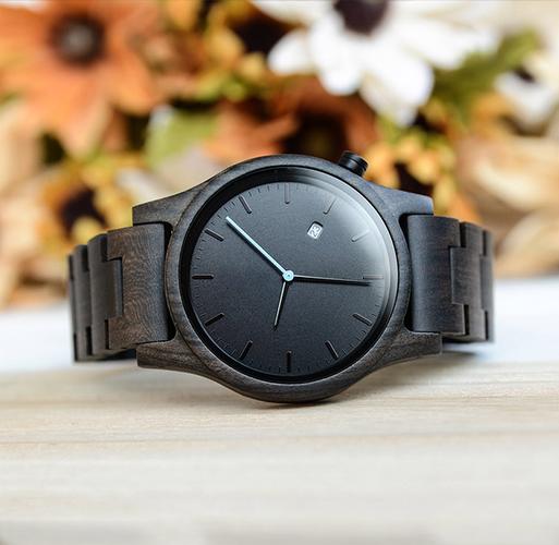 Men's Dark Ebony Wood Watch, Minimalist All‑Black Dial Date Quartz Wooden Wrist Watch