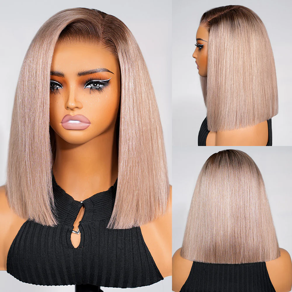 Megalook Bogo Free 6x5 Invisible Knots Ash Blonde Ombre Straight Bob Wigs With Pre-Cut Lace Natural Hairline