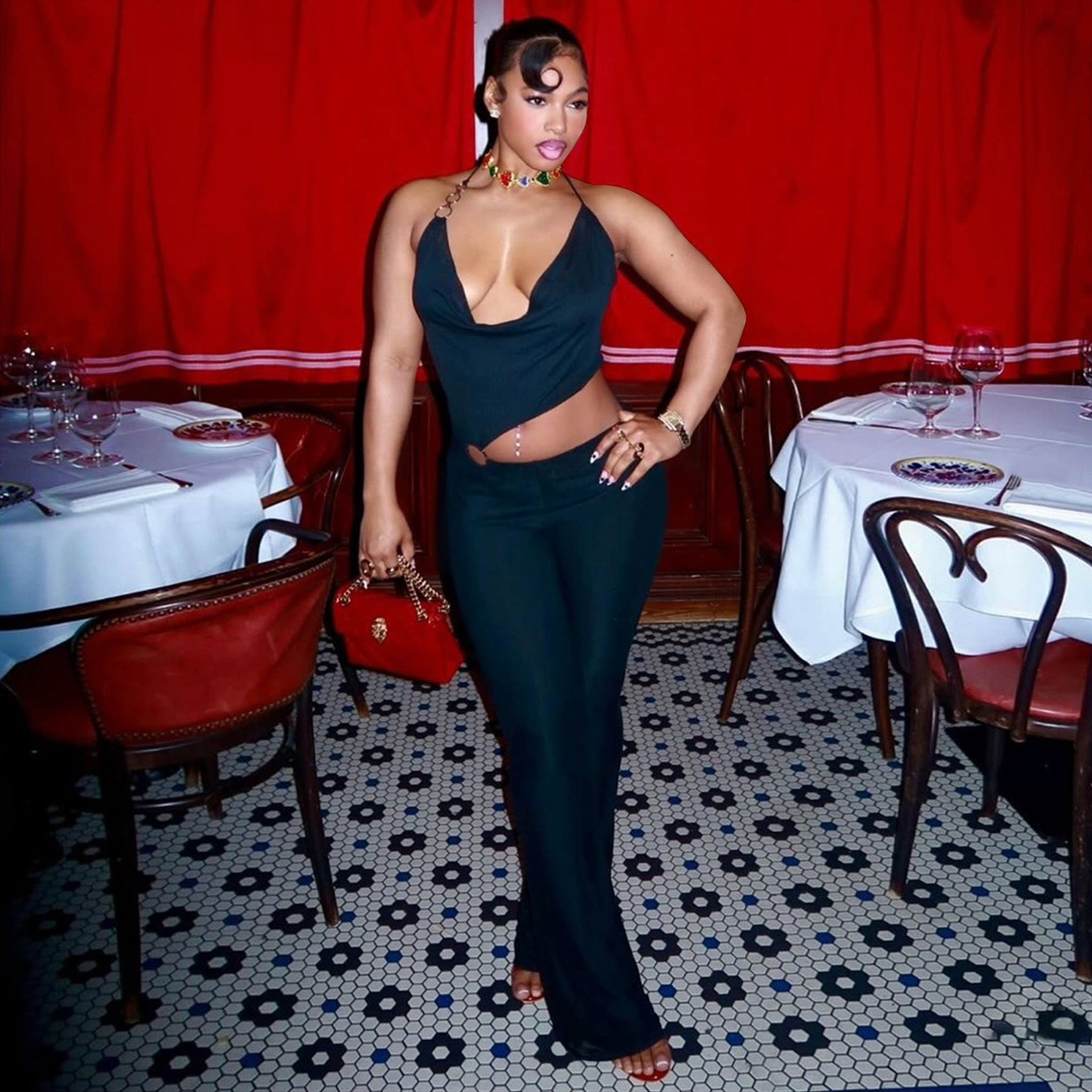 Women’s Circle-Embellished Halter Neck Open-Waist Jumpsuit