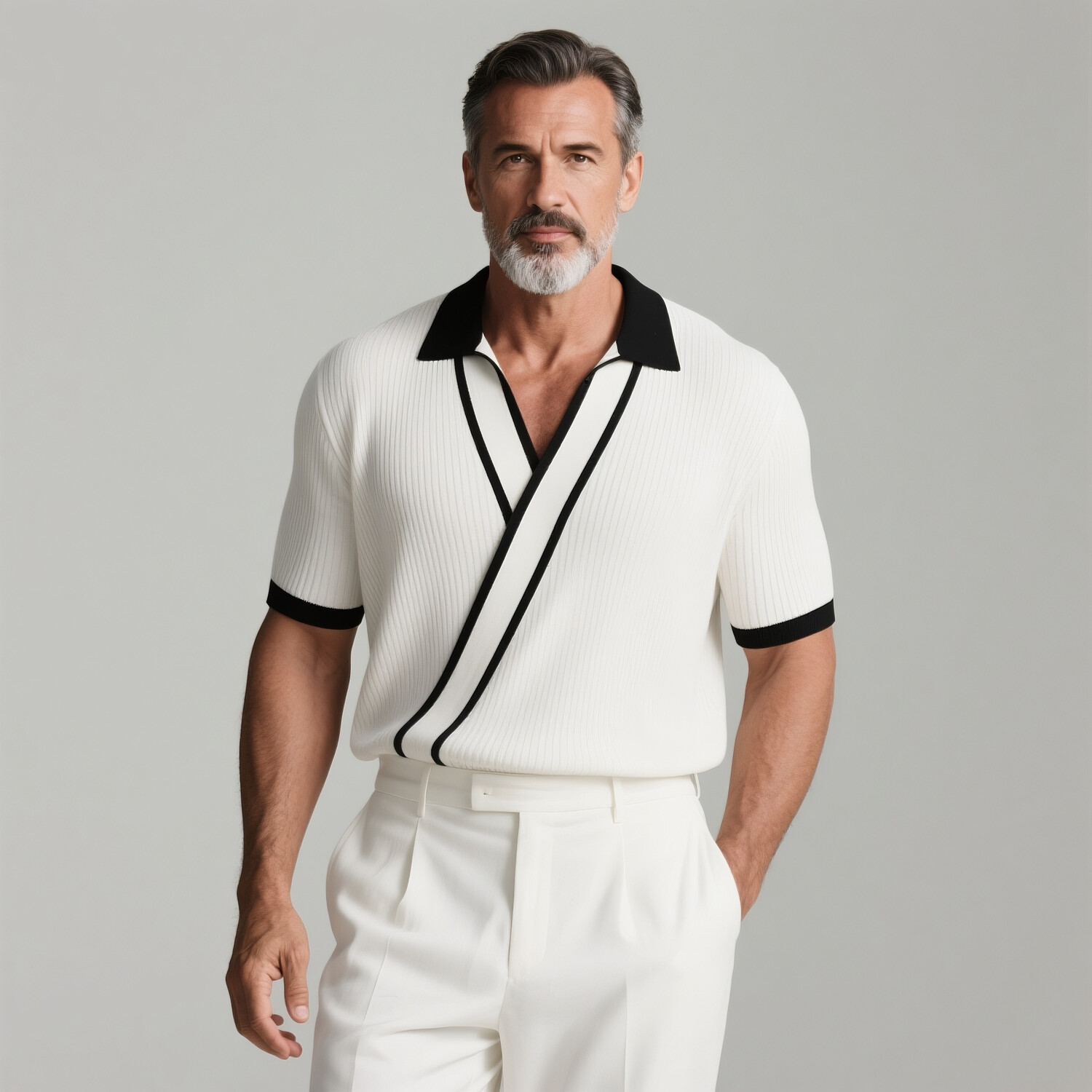 Men's Knit Black Stripes Turndown Collar Wrap Short Sleeve Shirt