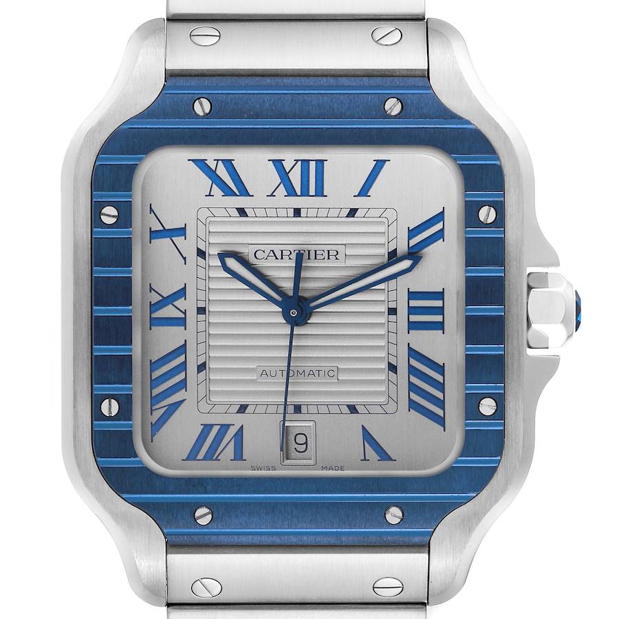 Cartier Santos Large Steel PVD Bezel Silver Dial Mens Watch WSSA0047