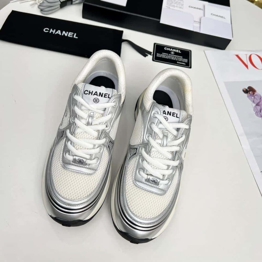 Chanel 23C Silver Metallic Cc Logo Lace Up Flat Runner Trainer Sneaker White G39792 Y56368 K5451