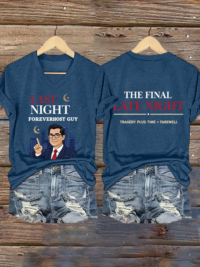 V-Neck Retro Last Night Foreverhost Guy The Final Late Night Tragedy Plus Time = Farewell Print T-Shirt