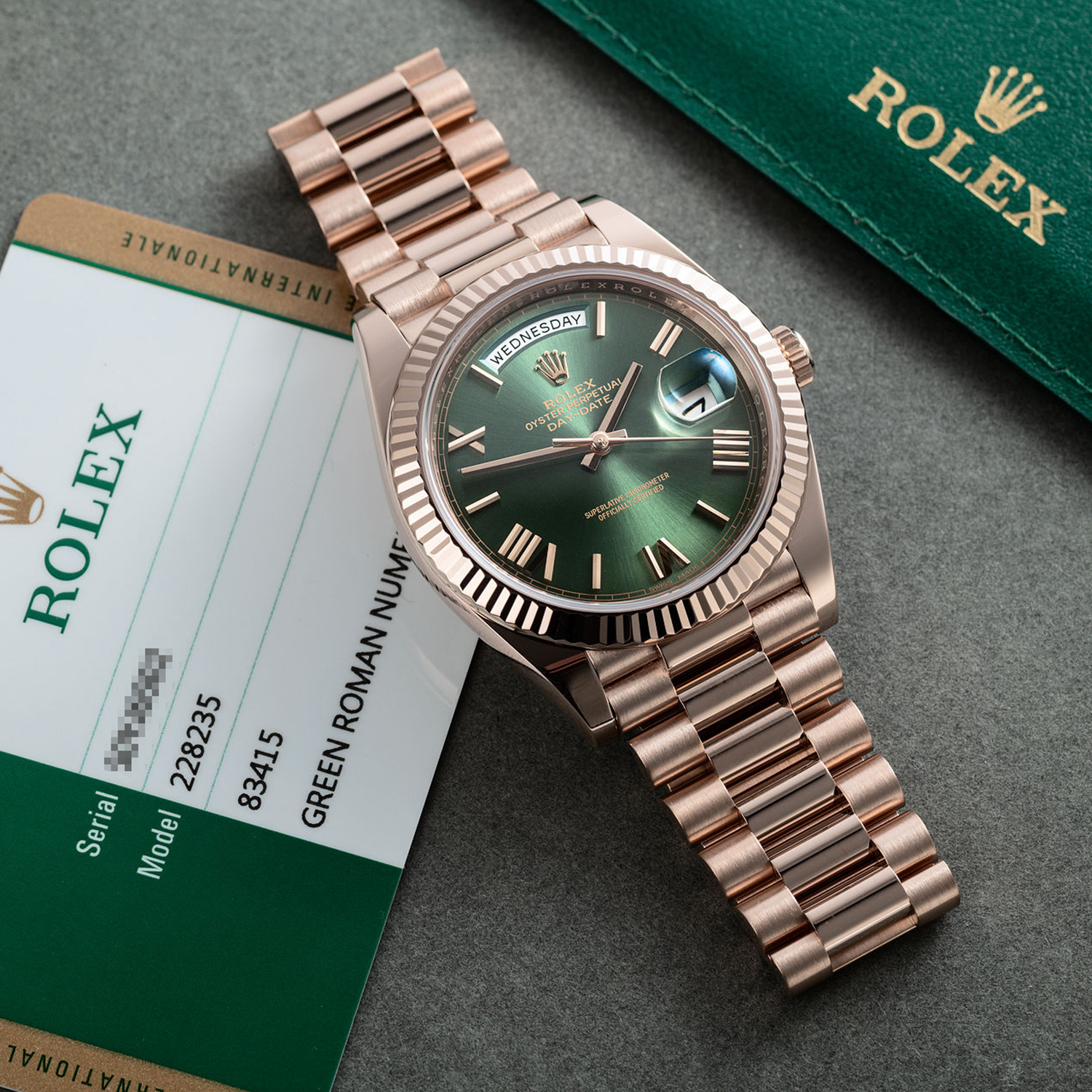Rolex Day-Date President 40mm Olive Green Dial 18ct Everose Gold 228235-0025 Unworn
