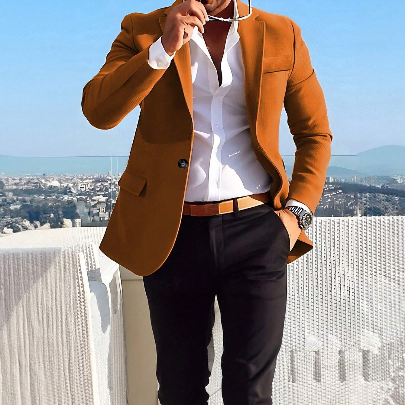 Men's Plain One Button Flap Pocket Notch Lapel Blazer