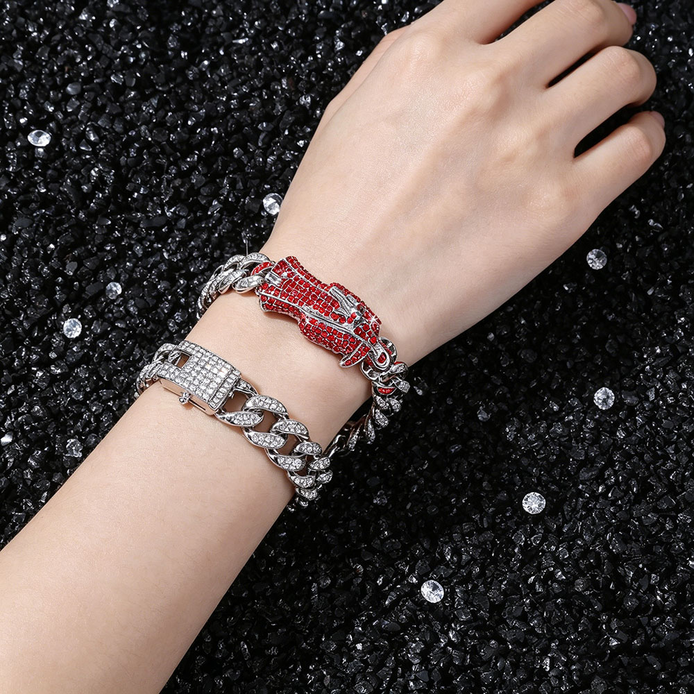 GemVibra Grim Reaper Cuban Link Bracelet with Rhinestone & Red Accents