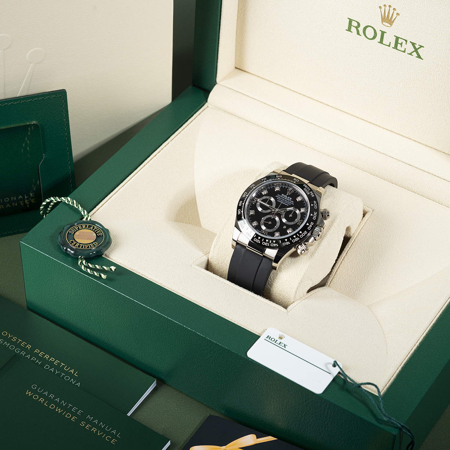 Rollie-The Crown Daytona White Gold Black Dial Oysterflex Strap 116519LN-0025 Unworn