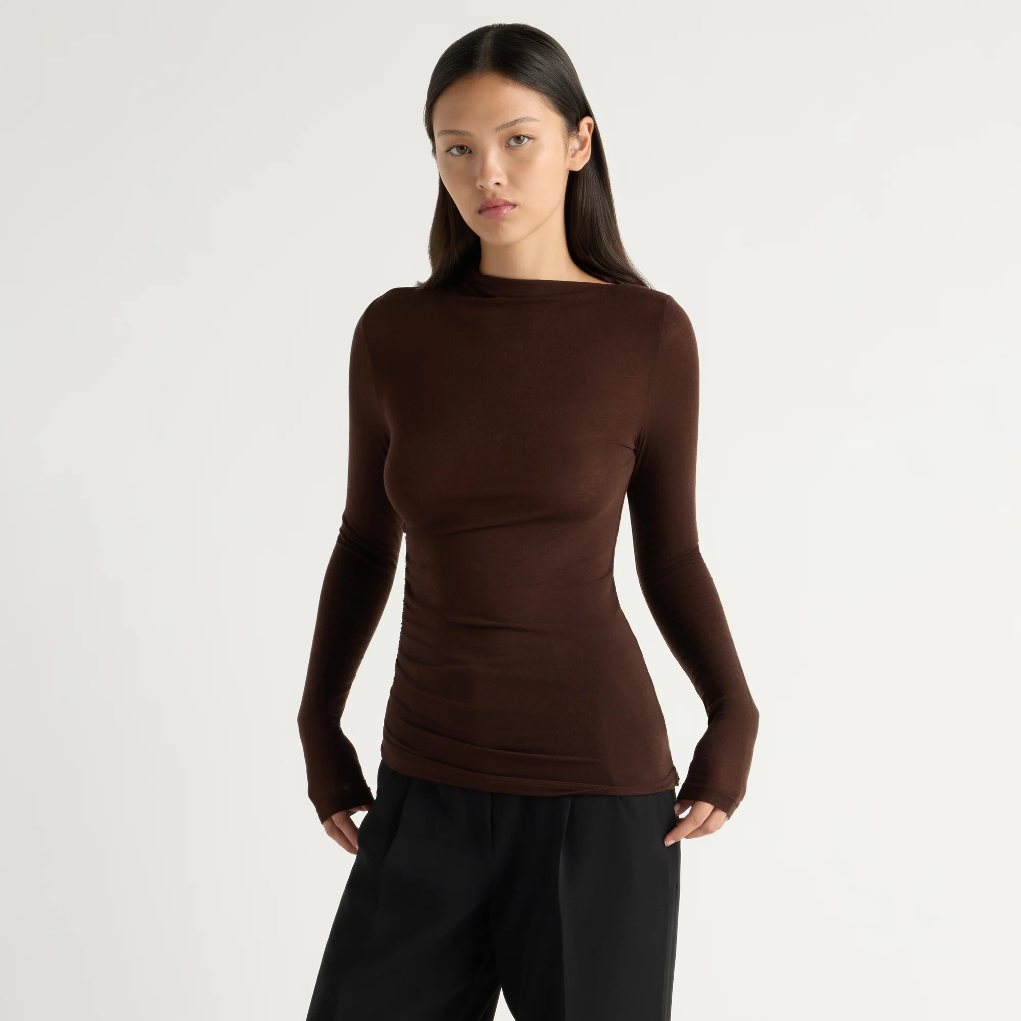 Vittoria Asymmetric-Neck Semi-Sheer Ruched Tee