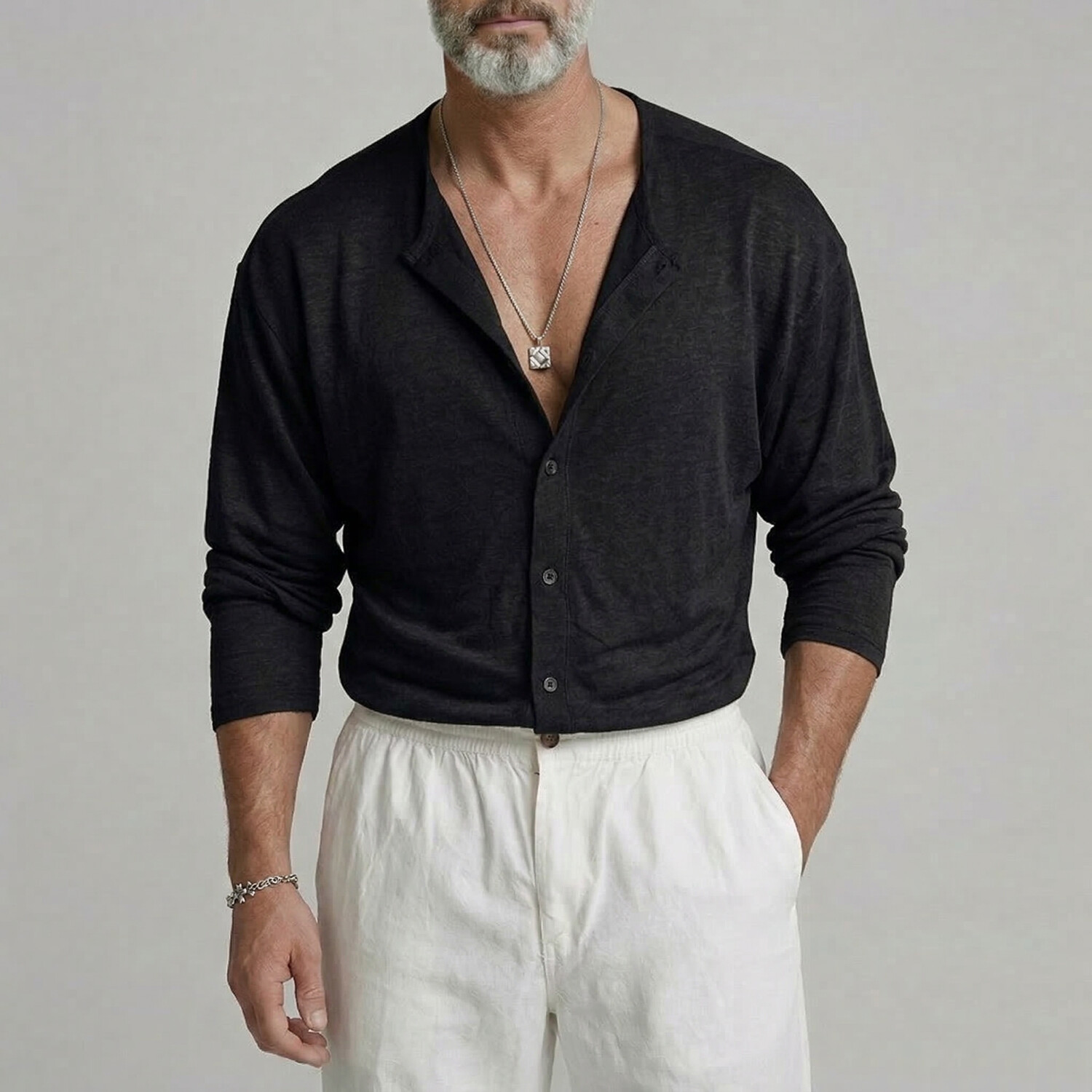 Men's Plain Single Breasted Round Neck Slim Fit Long Sleeve Casual Shirt