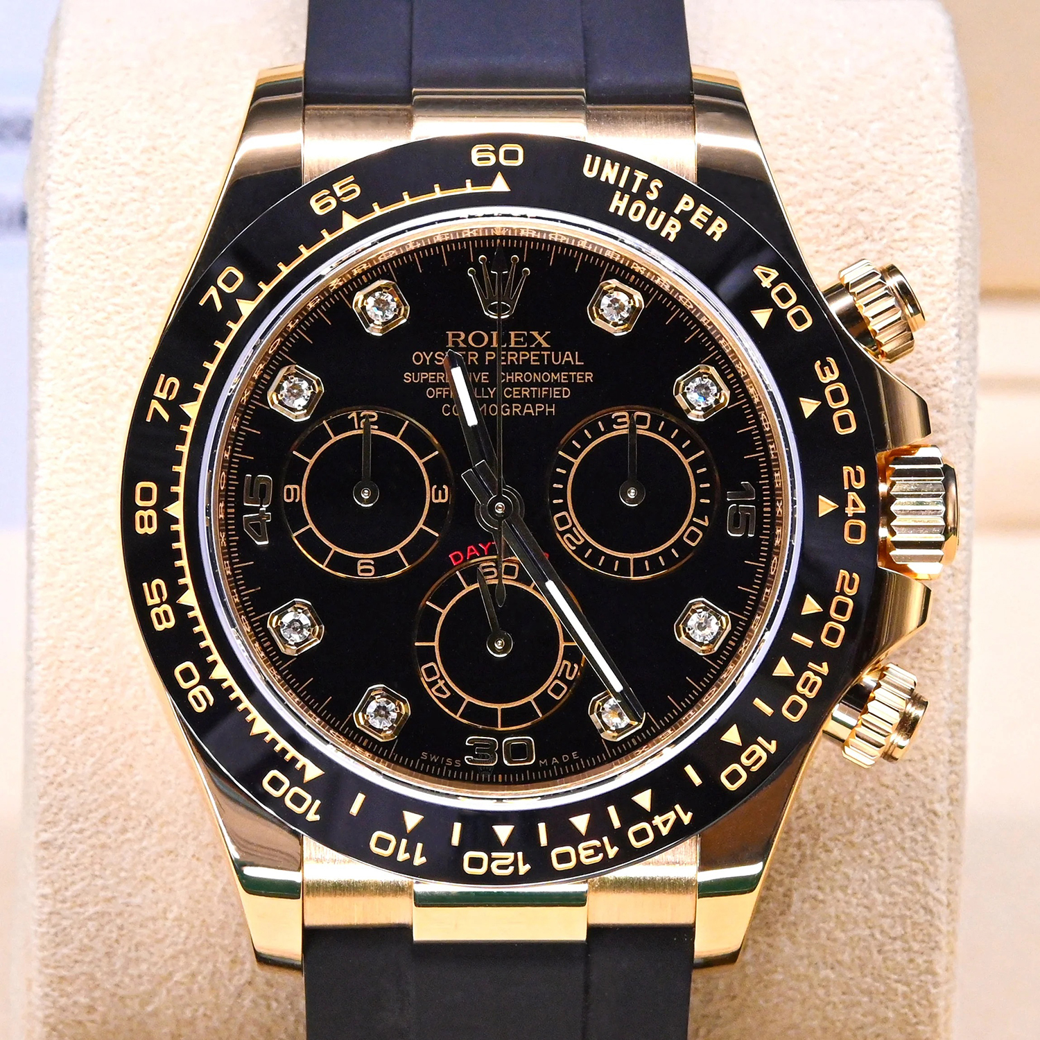 ​Rollie-The Crown Daytona Yellow Gold Black-Diamond Oysterflex Strap 116518LN-0046